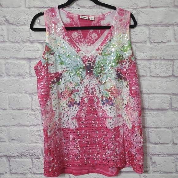 Cato Sleeveless Pink Graphic Top with Sequins Large - Picture 1 of 7